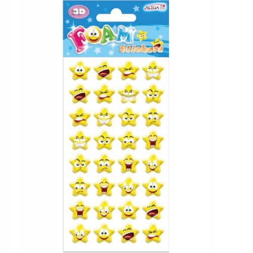 Naklejki-sticky-GWIAZDKI-usmiechy-buzki-32-szt Kolorowe naklejki w kształcie gwiazdek i uśmiechniętych buziek na białym tle.