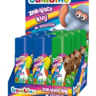 Kolorowy klej Bambino 12 g w trójkątnej tubce, transparentny po wyschnięciu, display 12 sztuk.