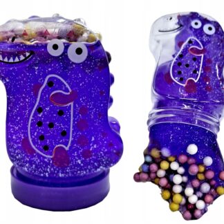Slime sensoryczny z brokatem i kuleczkami w pojemniku – masa plastyczna dinozaur.