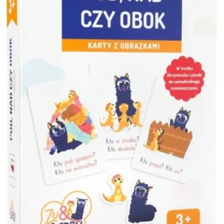 Karty edukacyjne „Pod, nad czy obok” z surykatką Zu i alpaką Berry do nauki przyimków.