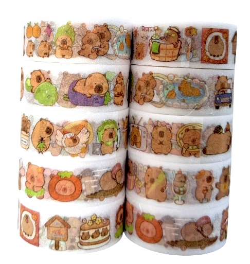 Zestaw-tasmy-klejace-brokatowe-blyszczace-washie-tape-10-szt-mix-KAPIBARA-Rodzaj-tasmy-dekoracyjne Brokatowa taśma dekoracyjna washi tape z motywem kapibary.