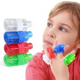 Kolorowe latarki LED zakładane na palce w zestawie 4 sztuk, świecące mini lampki do zabawy dla dzieci.