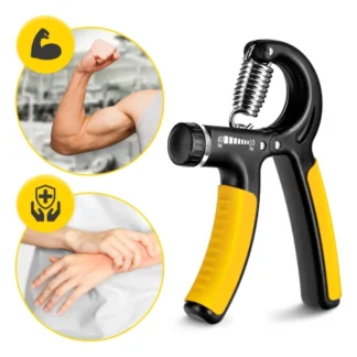 Ergonomiczny ściskacz do rąk z regulacją oporu 5-60 kg w kolorze czarno-żółtym