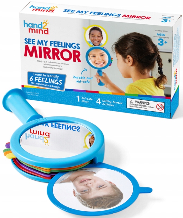 Hand2Mind-Lusterka-do-wyrazania-emocji-91294 Zbliżenie na ilustrację dziecięcej twarzy wyrażającej emocje na grubym elemencie puzzli Learning Resources